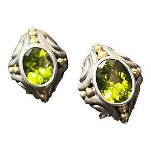 BJC Samuel Benham Sterling Silver Sign 14k Gold Oval Peridot Stud Omega Earrings